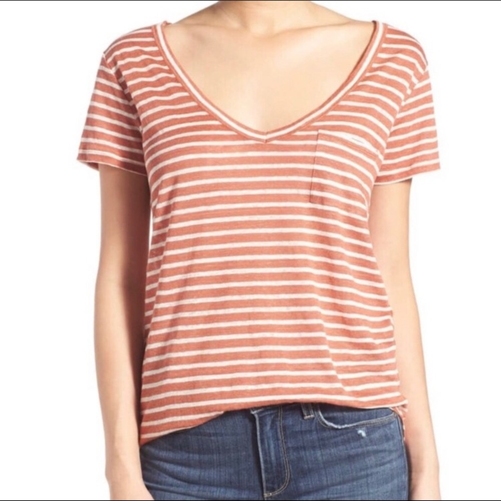 Paige Orange Striped V-neck Pocket Shirt Top Blouse Size S